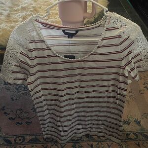 Tommy Hilfiger White and Red Striped Tee with Crochet Sleeves